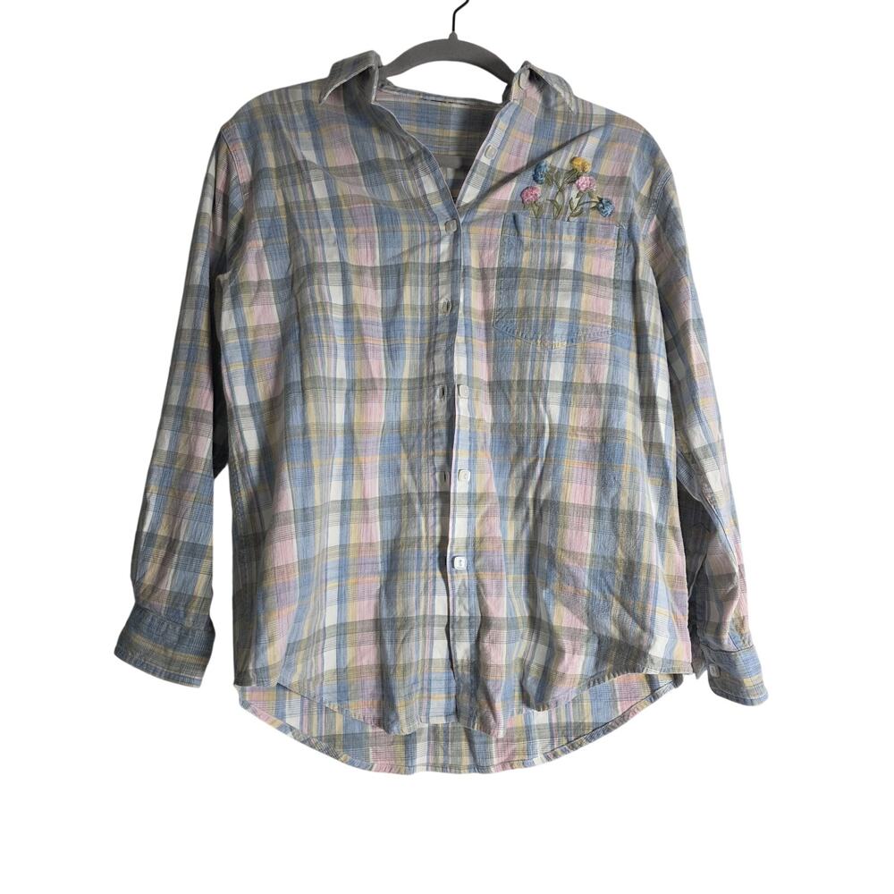 Vintage Womens S Embroidered Plaid Button Shirt Floral Cottagecore Grandmacore